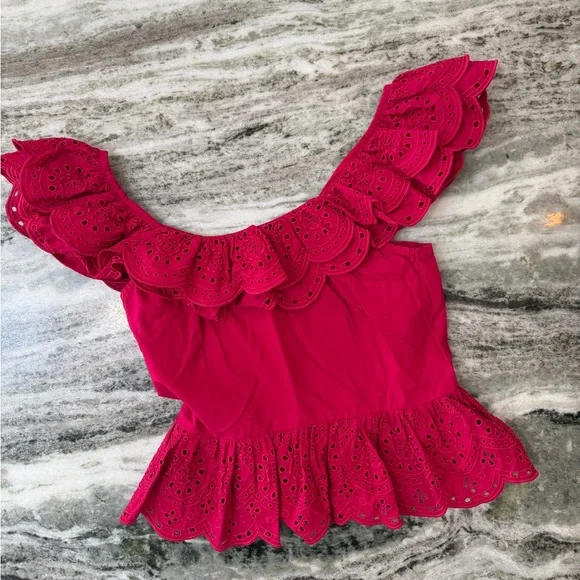 Express Red Eyelet Ruffle Blouse - Picture 2 of 6